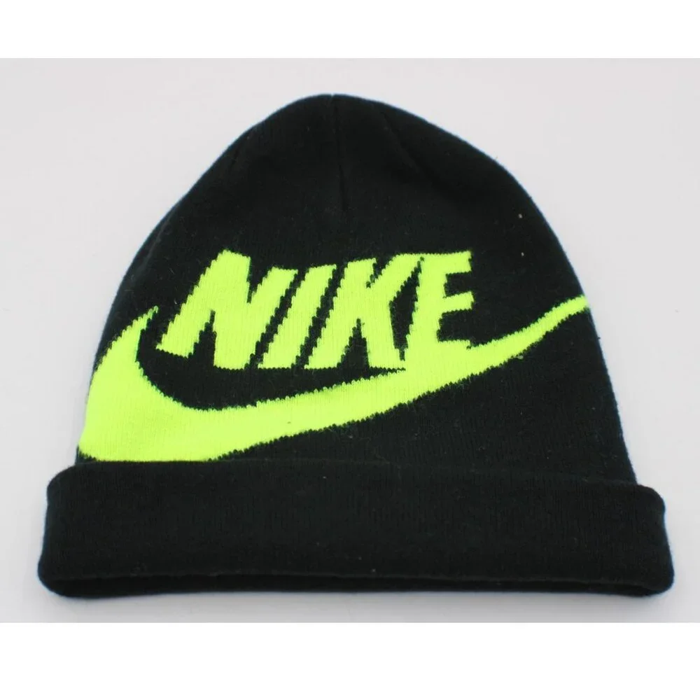 Nike Youth Beanie Hat OSFM Black & Neon Green Logo Could Fit Adult Acrylic Warm